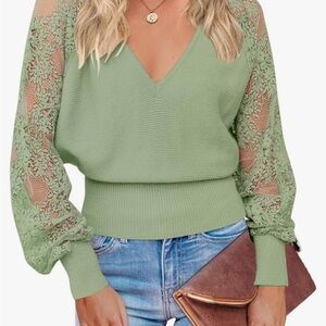 Green Lace Long-Sleeve V-Neck Sweater - NWT